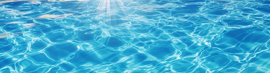 Fototapeta premium Underwater panorama of swimming pool water with sun reflections, panoramic banner background