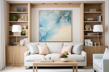 Fototapeta premium Coastal Style Living Room Interiors: Wooden Shelving Unit & Pastel Color Palette Harmony
