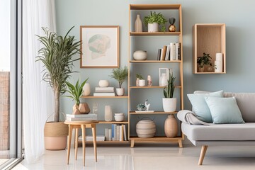 Coastal Style Living Room Interiors: Pastel Color Palette & Wooden Shelving Unit