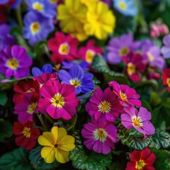 Obraz na płótnie Canvas Beautiful colorful flowers in full bloom closeup, sky blue, red, purple, green