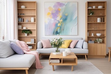 Coastal Chic: Pastel Living Room with Wooden Shelving Unit