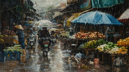 Fototapeta na wymiar outdoor market in Vietnam on a rainy day