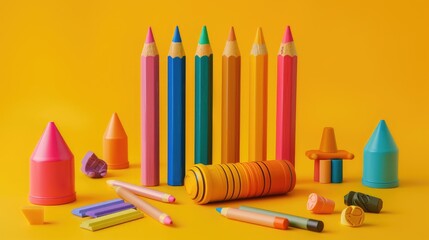 Colorful crayons, colour, color pencils and erasers on yellow background