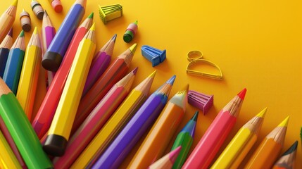 Obraz premium Colorful crayons, colour, color pencils and erasers on yellow background