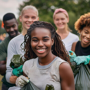 United for a Greener Future: Diverse Volunteers in Gloves Clean Up a Local Park, Demonstrating Teamwork and Environmental Care.