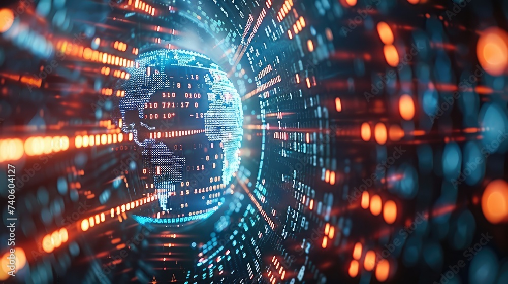 Poster Cyber security and global communication concept. Analysis of information. Technology data binary code network conveying connectivity, Data and information protection protocol. Generative AI.