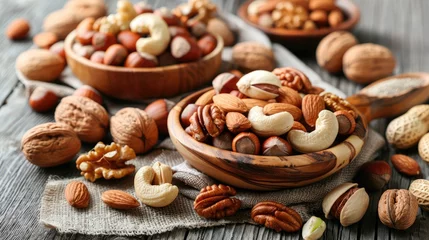 Fotobehang Different types of nuts on the table Healthy eating © Nouman Ashraf