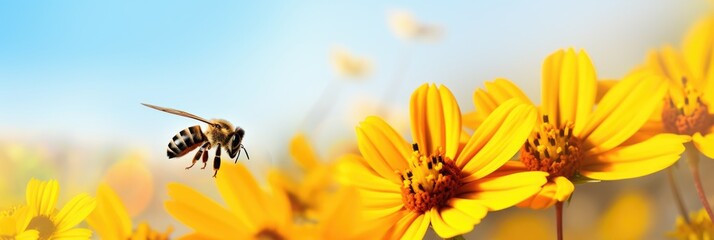 Bee and Flower. Panoramic Close-Up of a Honey Bee Collecting Pollen on Yellow Flower - obrazy, fototapety, plakaty