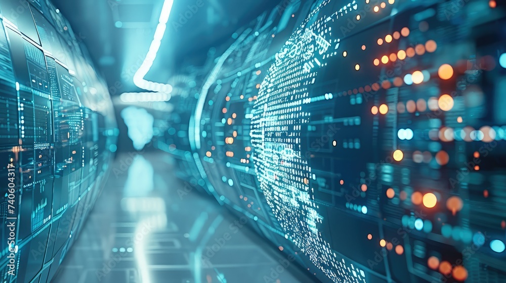 Aufkleber Cyber security and global communication concept. Analysis of information. Technology data binary code network conveying connectivity, Data and information protection protocol. Generative AI.