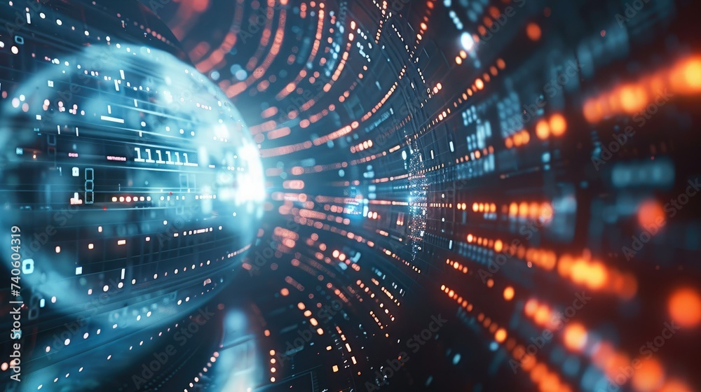 Leinwandbilder Cyber security and global communication concept. Analysis of information. Technology data binary code network conveying connectivity, Data and information protection protocol. Generative AI.