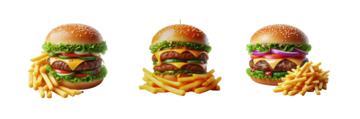 Set of Delicious Hamburger and French fries, illustration, isolated over on transparent white background
