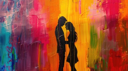 Beautiful young couple in love kissing and embracing on colorful background.