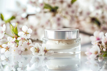 Obraz na płótnie Canvas Herbal dermatology cosmetic hygiene cream with flowers for skin care in a blank glass jar on a white background with spring flowering branches. Mock up, Side view. Skincare Product offer