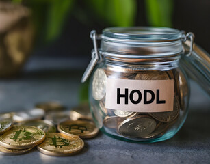 glass jar with bitcoins, bitcoin hodl concept