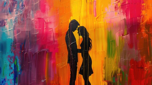Beautiful young couple in love kissing and embracing on colorful background.