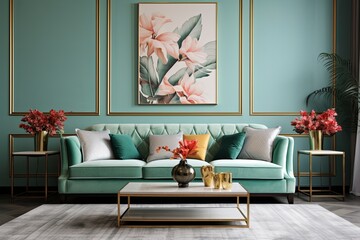 Mint Sofa Green Wall Living Room Decor: Art Deco-Infused Elegance