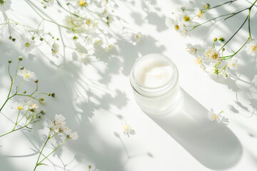 Opened jar with cream on white background with flowers and hard shadows. Natural skin care product....