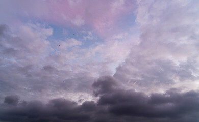 Gün batımı mavi gökyüzünde açık pembe bulutlar. Bulutların pastel renkleri, gün doğumu gün batımı doğal arka plan