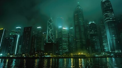 Nighttime in cyberpunk city of the futuristic