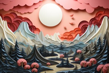 Paper crafting with a landscape background, where intricate paper-cut mountains, Generative AI