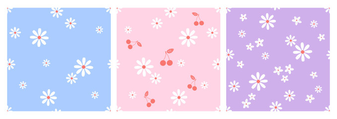 Seamless pattern with daisies, cherry fruit and cute flower on blue, pink and purple backgrounds vector illustration.