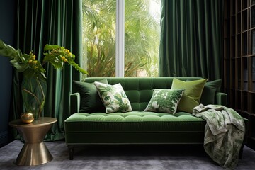 Chic Green Wall Living Room: Bench Seating and Stardust Curtain Design