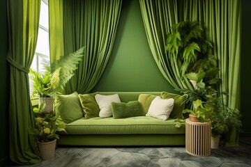 Green Wall Living Room: Bench Seating and Chic Curtain Design Mastery