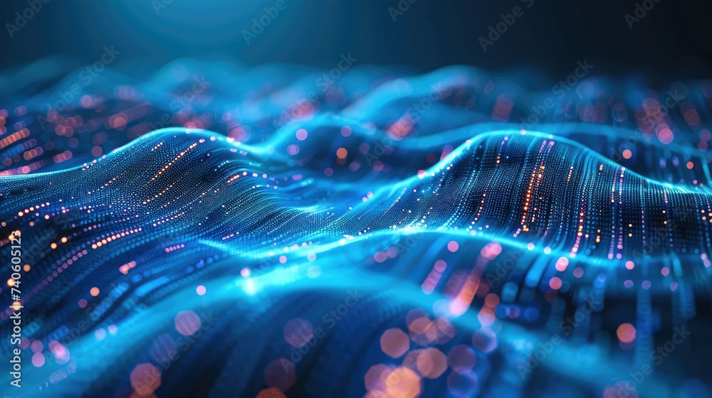 Aufkleber Digital technology concept big data visualization. The flow of a large number of different important information together. Polygonal particles are connected on a dark blue background. Generative AI.