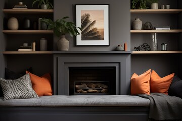 Terracotta Cushioned Grey Daybed with Fireplace in Wooden Shelving Apartment Setting