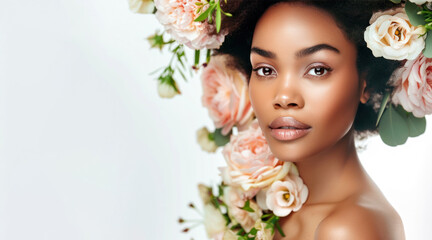 Cosmetology, beauty saloon, spa, cosmetics store spring banner. Beautiful young afro-american woman's face with clean fresh skin and natural make up in floral frame. Skin care. Women's day. Copy space