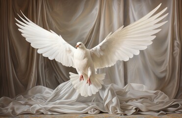 Naklejka premium white dove flying over a white sheets, in the style of christian art and architecture