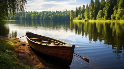 Naklejka na ściany i meble Wooden boat with oars on the shore of a forest.