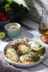A plate with sandwiches with cottage cheese, radish and cucumber in rustic style	