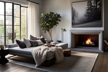 Grey Daybed Fireplace Settings: Open Concept Space with Natural Light and Art Deco Elements