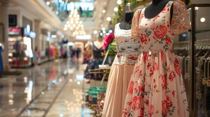 Elegant floral dress on a mannequin displayed in a boutique window, inviting passersby with its chic and trendy design.