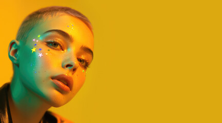Portrait of a young woman with very short hair on a solid yellow background. Copy space for text, advertising, message, banner. Concept of teen, teenager, youth, youthness, fashion, cosmetics.