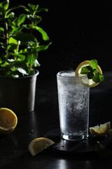 A glass with sparkling water with lemon