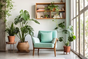 Mint Chair Home Design: Serene Spaces with Concrete Floors and Lush Indoor Plants
