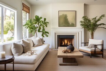 White Sofa Mid-century Room with Fireplace: Comfortable Seating in Home Drawing Room