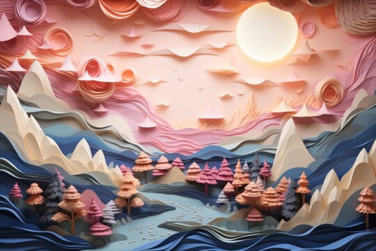 Paper wonderland with a landscape background, showcasing delicately folded paper hills, Generative AI