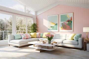 White Sofa Mid-century Room with Big Windows and Pastel Color Palette