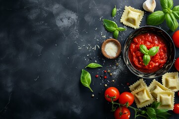 Top view of ravioli with tomato sauce and basil on a dark background - obrazy, fototapety, plakaty