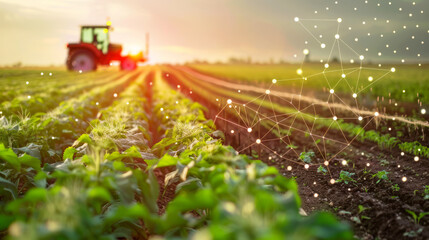 Sistema di agricoltura di precisione gestito da algoritmi AI, in cui sensori avanzati monitorano costantemente le condizioni del suolo e delle colture per massimizzare la resa e ridurre l’impatto ambi - obrazy, fototapety, plakaty
