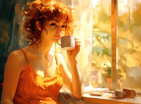 Artistic Painting of Woman with Morning Coffee