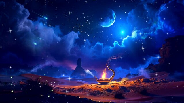 Moonlit Mirage: A Desert's Mystical Night, Where a Lamp Holds the Secrets of Genie Magic. Animated fantasy background, watercolor painting illustration style, seamless looping 4K video