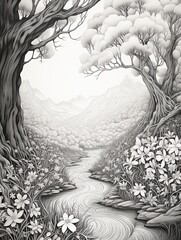Intricate Detailed Zentangle Drawings - Scenic Swirls Panoramic Landscape Poster