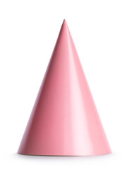 Pink solid paper party hat, standing on solid white background.