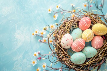 Happy Easter Eggs Basket Abstract. Bunny hopping in flower spring regeneration decoration. Adorable hare 3d bunny figurine rabbit illustration. Holy week easter festive hunt easter azalea card cgi
