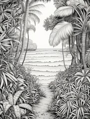 Intricate Zentangle Palm Patterns: Tropical Beach Art Featuring Island Intricacies