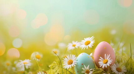 Colorful easter egg and daisies green background stock foto, in the style of motion blur panorama, light sky-blue and light beige, creative commons attribution, cute and colorful.